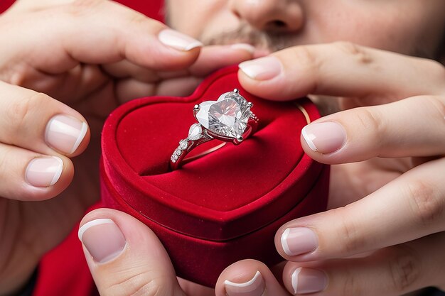 Jonge man die ten huwelijk vraagt met een prachtige platina witte gouden verlovingsring met een grote juweel diamant in heldere rijke hartvorm rode fluweel doos voor st