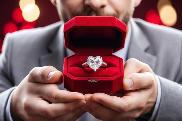 Jonge man die ten huwelijk vraagt met een prachtige platina witte gouden verlovingsring met een grote juweel diamant in heldere rijke hartvorm rode fluweel doos voor st