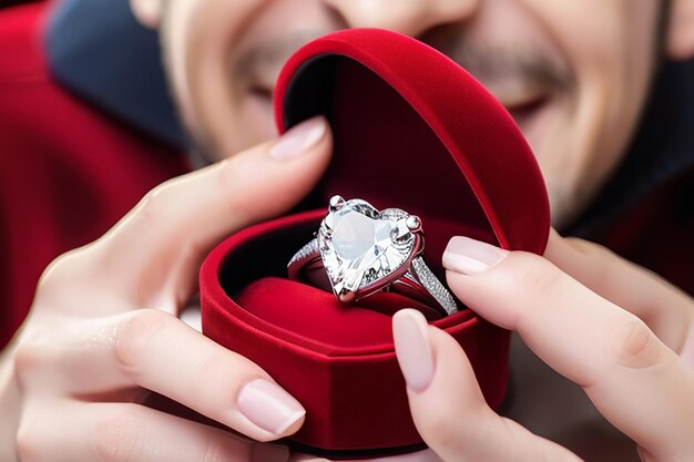 Jonge man die ten huwelijk vraagt met een prachtige platina witte gouden verlovingsring met een grote juweel diamant in heldere rijke hartvorm rode fluweel doos voor st