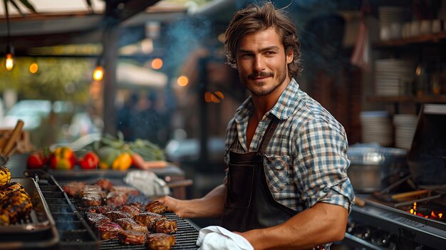 Foto jonge man die vlees bereidt op een barbecue grill in een achtertuin