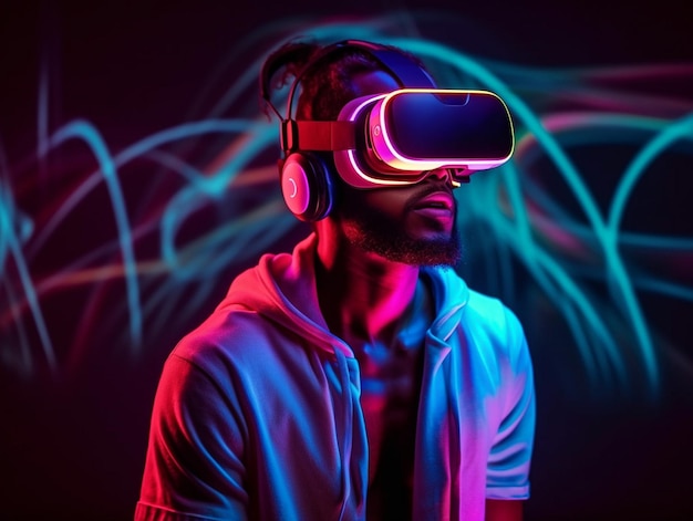 Jonge man die VR-headset draagt en virtual reality-simulatie metaverse en fantasiewereld ervaart