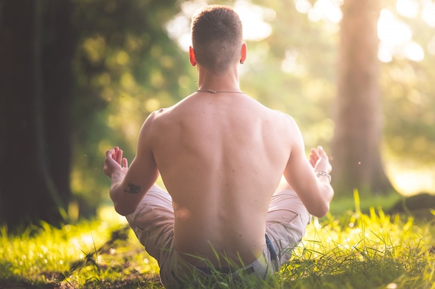 Jonge man doet yoga in het bos.