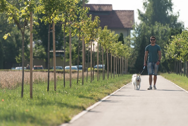 Jonge man en Duitse spits wandelen in het park, hij houdt de hond aan de lijn