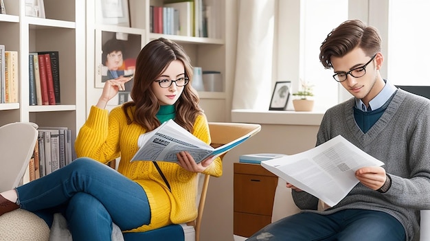 Jonge man en vrouw lezen een rapport in een gezellige leeszaal terwijl ze thuis werken