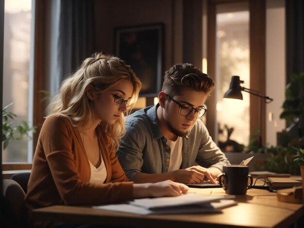 Jonge man en vrouw lezen een verslag in een gezellige leeszaal terwijl ze thuis werken