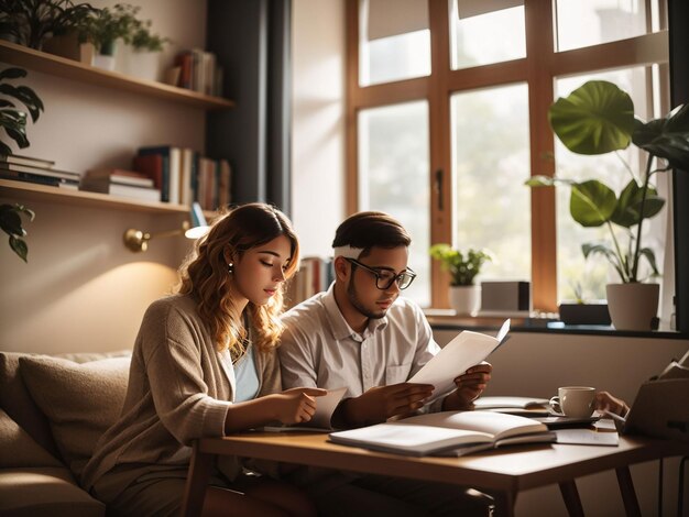 Jonge man en vrouw lezen een verslag in een gezellige leeszaal terwijl ze thuis werken