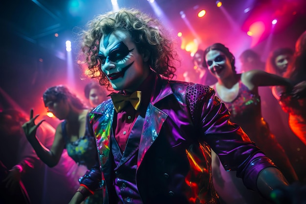 Jonge man gekleed als een clown die danst in een nachtclub Halloween feest