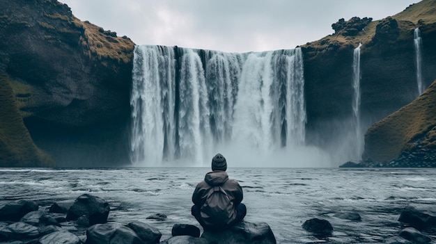 jonge man genieten van de waterval