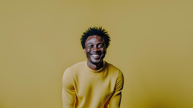Jonge man glimlacht geïsoleerd op de achtergrond van de studio Copyspace gebied