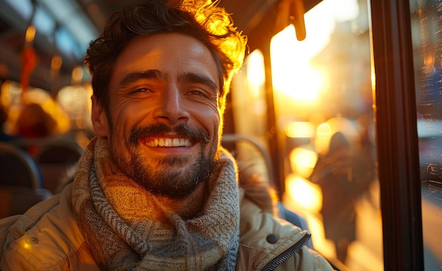 Jonge man glimlacht terwijl hij in de bus rijdt bij zonsondergang
