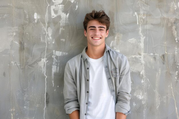 Foto jonge man glimlacht zelfverzekerd tegen de grijze muur