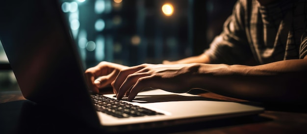Foto jonge man hand bezig met een laptop bokeh wazig 's nachts voor tekstkopie ruimte