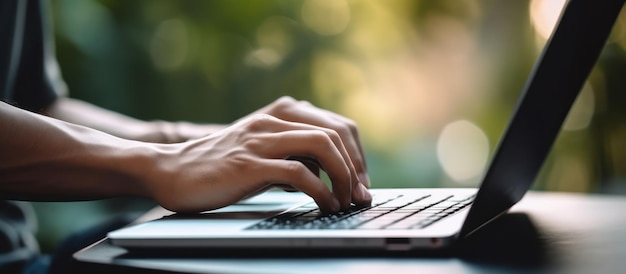 Foto jonge man hand bezig met een laptop bokeh wazig witte achtergrond bij voor tekst kopieerruimte