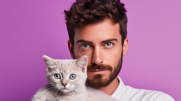Jonge man houdt een kitten in zijn armen op paarse achtergrond