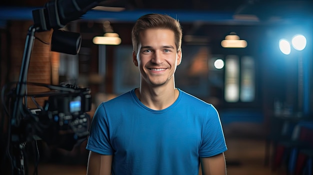 Jonge man in blauw t-shirt met een glimlach