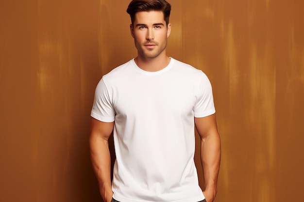 Jonge man in een Bella Canvas wit hemd poseert Generative Ai