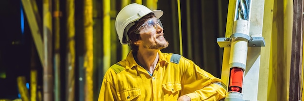 Jonge man in een gele werkuniform bril en helm in industriële omgeving olieplatform of