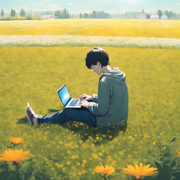 jonge man in een veld met een rugzak en een laptop jonge man met laptop zittend op de weide