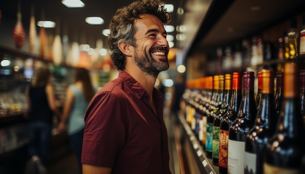 jonge man in felgekleurde supermarkt bij de wijnafdeling met een fles wijn