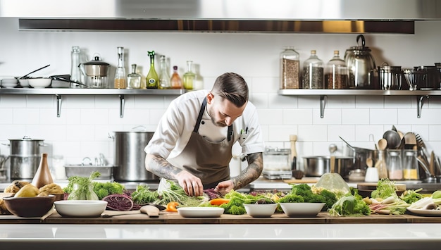 jonge man in schort groentesalade koken in moderne keuken thuis