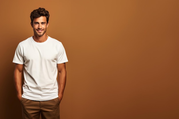 Jonge man in wit overhemd mockup op oranje achtergrond Tshirt ontwerpsjabloon voor print presentatie