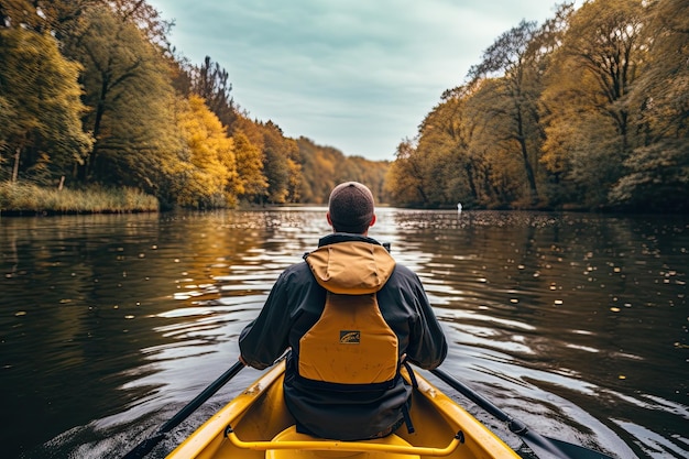 Jonge man kajakken op een meer in de herfst Achteraanzicht van een persoon die geniet van een milieuvriendelijke kajakactiviteit AI gegenereerd
