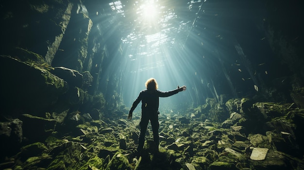 Foto jonge man kijkt naar de vissen in het aquarium concept van onderwater leven generatieve ai