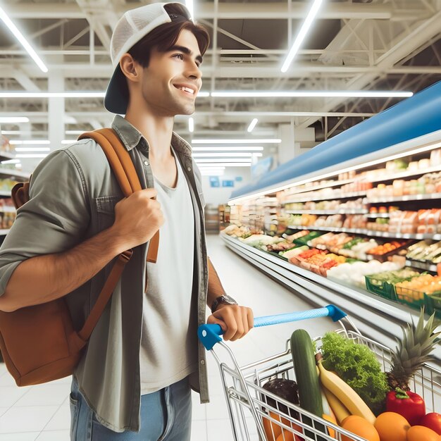 Jonge man koopt overdag verse boodschappen in een drukke supermarkt