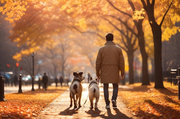 jonge man loopt met zijn honden in het park op een zonnige herfstdag