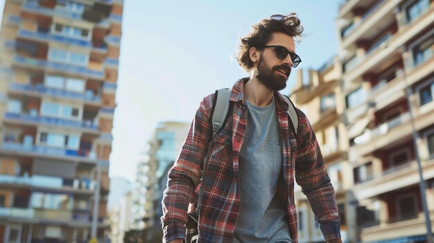 Jonge man met baard en zonnebril glimlacht terwijl hij op een zonnige dag door een stadsstraat loopt hij draagt een geruite shirt en een rugzak