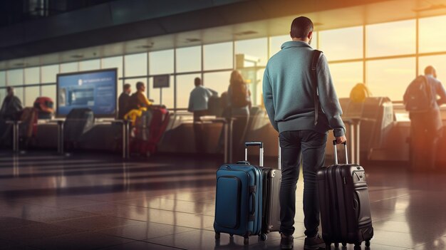 Jonge man met bagage die in de rij staat om in te checken bij de luchtvaartmaatschappij op de luchthaven. Afbeelding van een reis rond de wereld op vakantie, beeld van hoge kwaliteit
