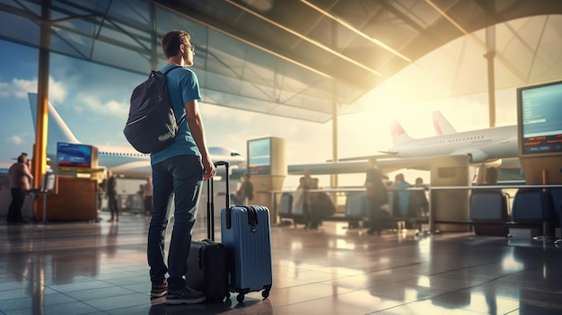 Jonge man met bagage die in de rij staat om in te checken bij de luchtvaartmaatschappij op de luchthaven. Afbeelding van een reis rond de wereld op vakantie, beeld van hoge kwaliteit