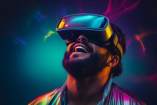 Jonge man met behulp van een VR Virtual Reality Headset-bril voor gaming en onderwijs