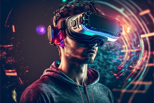 Jonge man met behulp van virtual reality headset VR toekomstige gadgets technologie concept