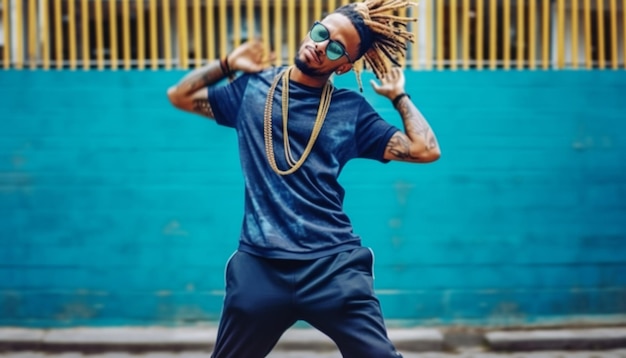 Jonge man met blauwe dreadlocks die reggae dansen op straat.