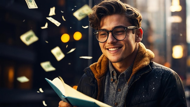 jonge man met een bril die gelukkig kijkt naar een notitieboek met dollars die uit de lucht vallen