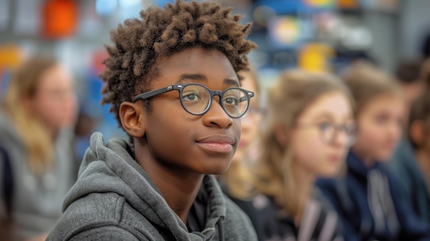 Jonge man met een bril die voor de groep zit