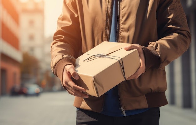 Jonge man met een geschenkdoos in zijn hand Close-up van mannelijke handen met een bruine doos