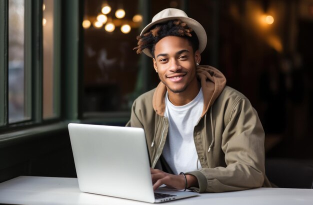 Foto jonge man met een laptop en glimlachend