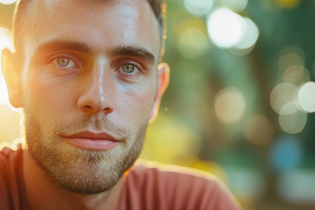 Jonge man met een serene uitdrukking tijdens zonsondergang in het park