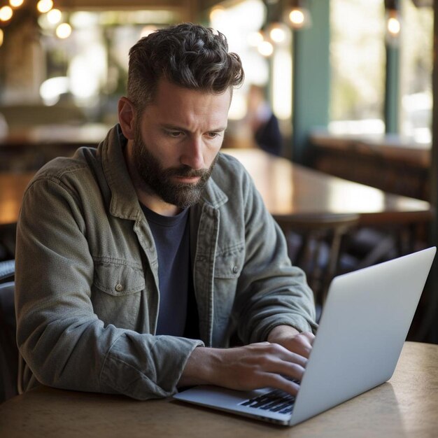 Foto jonge man met een stressvolle tijd die aan de laptop werkt