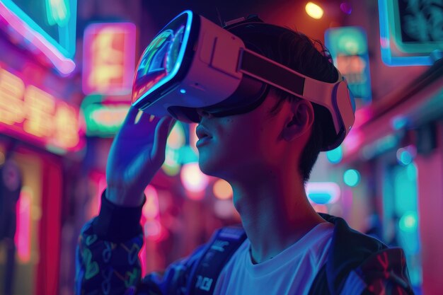 Jonge man met een virtual reality bril met een smartphone in neonverlichting