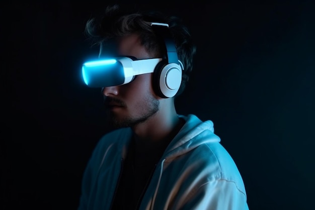 Jonge man met een virtual reality bril Toekomstige technologie concept Donkere achtergrond
