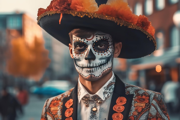 Jonge man met geschilderde schedel op zijn gezicht buitenshuis Viering van Mexico's Dag van de Doden