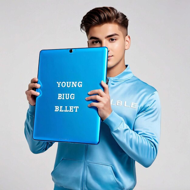 jonge man met grote blauwe tablet met inscriptie