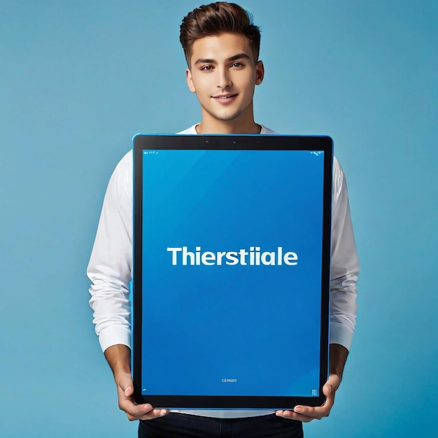 jonge man met grote blauwe tablet met inscriptie