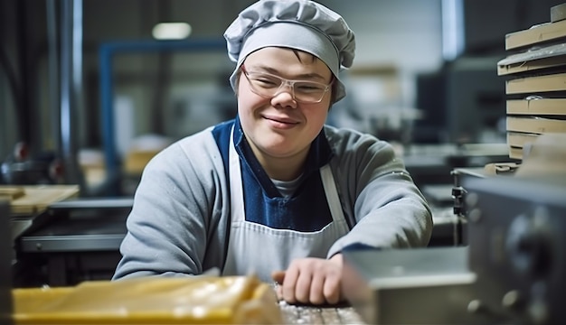 Foto jonge man met het syndroom van down, werkzaam in een industriële bakkerij ai-gegenereerde illustratie