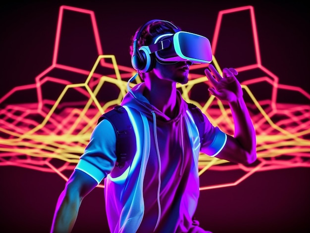 Jonge man met neonlichten die een VR-headset draagt, danst en virtual reality metaverse ervaart