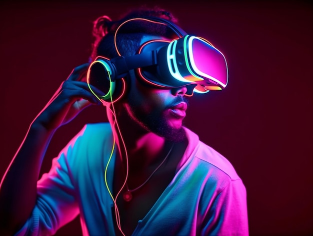 Jonge man met neonlichten die een VR-headset draagt en virtual reality metaverse ervaart