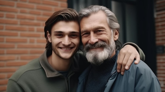 Jonge man met oudere vader knuffelen samen Gelukkige vaderdag